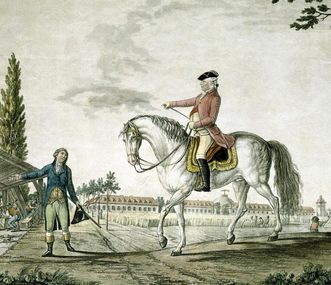 Herzog Carl Eugen als Reiter vor Schloss Hohenheim, Kupferstich 1790