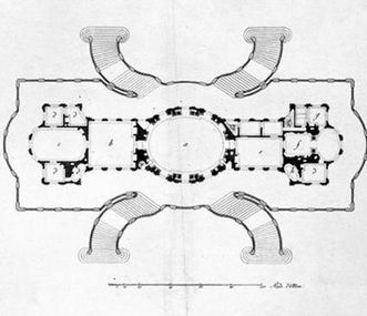 Floor plan of Solitude Palace from 1785, the apartment is to the right of the oval White Hall