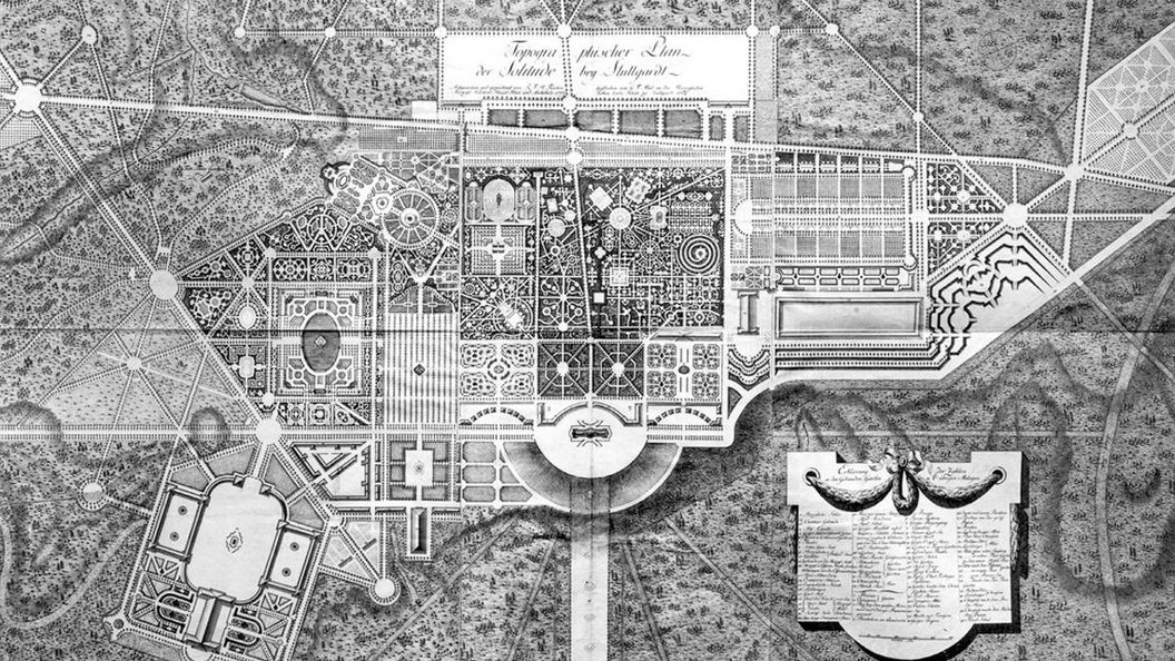 Kupferstich eines topografischen Plans von Schloss Solitude von 1784