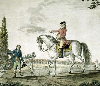 Duke Carl Eugen as a rider in front of Hohenheim Palace, copper engraving, circa 1790