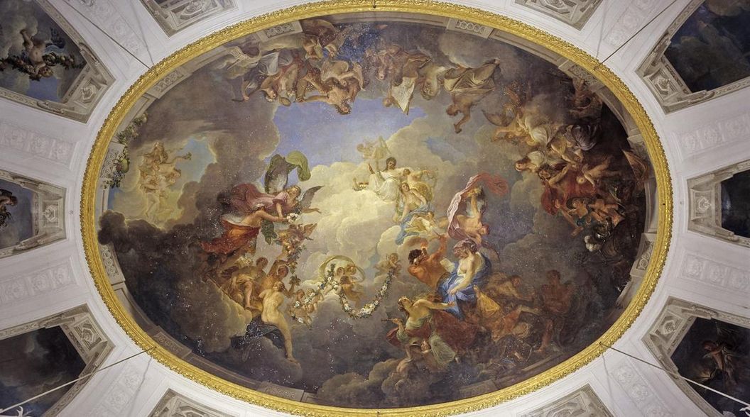 The ceiling paintings in the White Hall of Solitude Palace depict the welfare of the state of Württemberg under the reign of Duke Carl Eugen