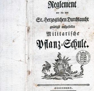 Titelblatt vom „Reglement vor die von Sr. herzoglichen Durchlaucht gnädigst aufgestellte Militarische Pflanz-Schule“ von 1770, Foto: Landesmedienzentrum Baden-Württemberg, Dieter Jäger