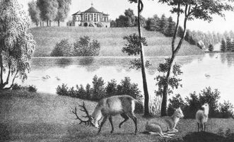 Kupferstich des Rotwildparks am Bärenschlössle in Stuttgart aus dem Jahr 1840